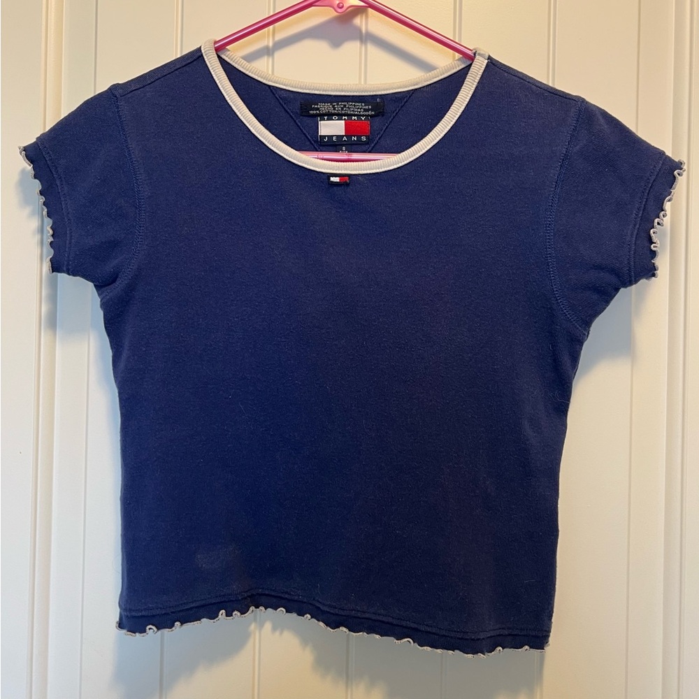 Vintage Tommy Hilfiger Ruffled Edge Cropped Blue T-Shirt Size S - Picture 11 of 12